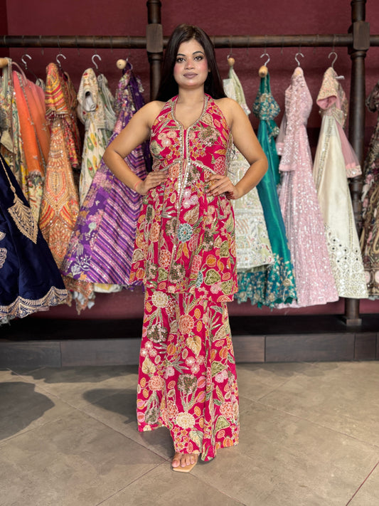 Floral Printed Sharara Set with Halter Neck Kurti Festive & Party Wear