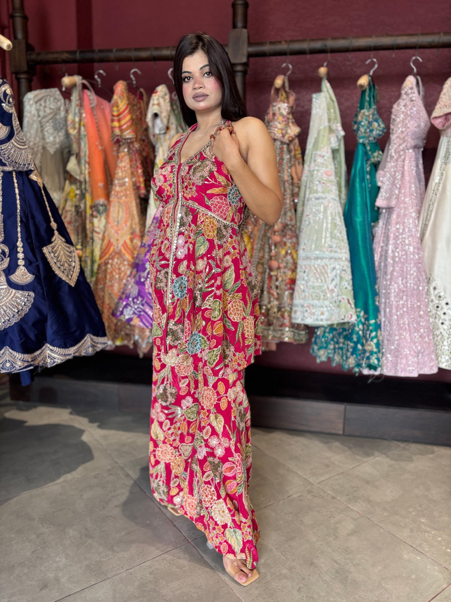Floral Printed Sharara Set with Halter Neck Kurti Festive & Party Wear