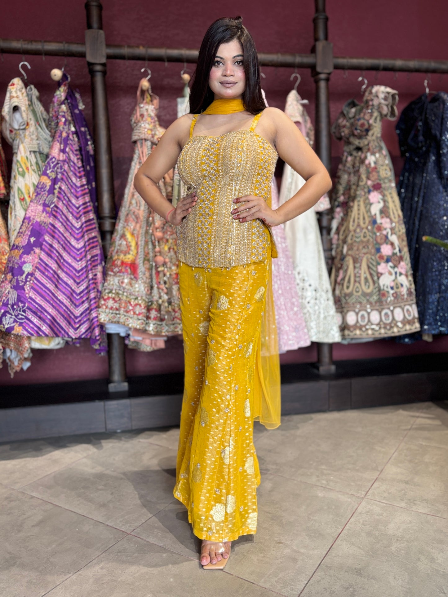 Yellow Embellished Sharara Set with Sequin Peplum Top & Dupatta