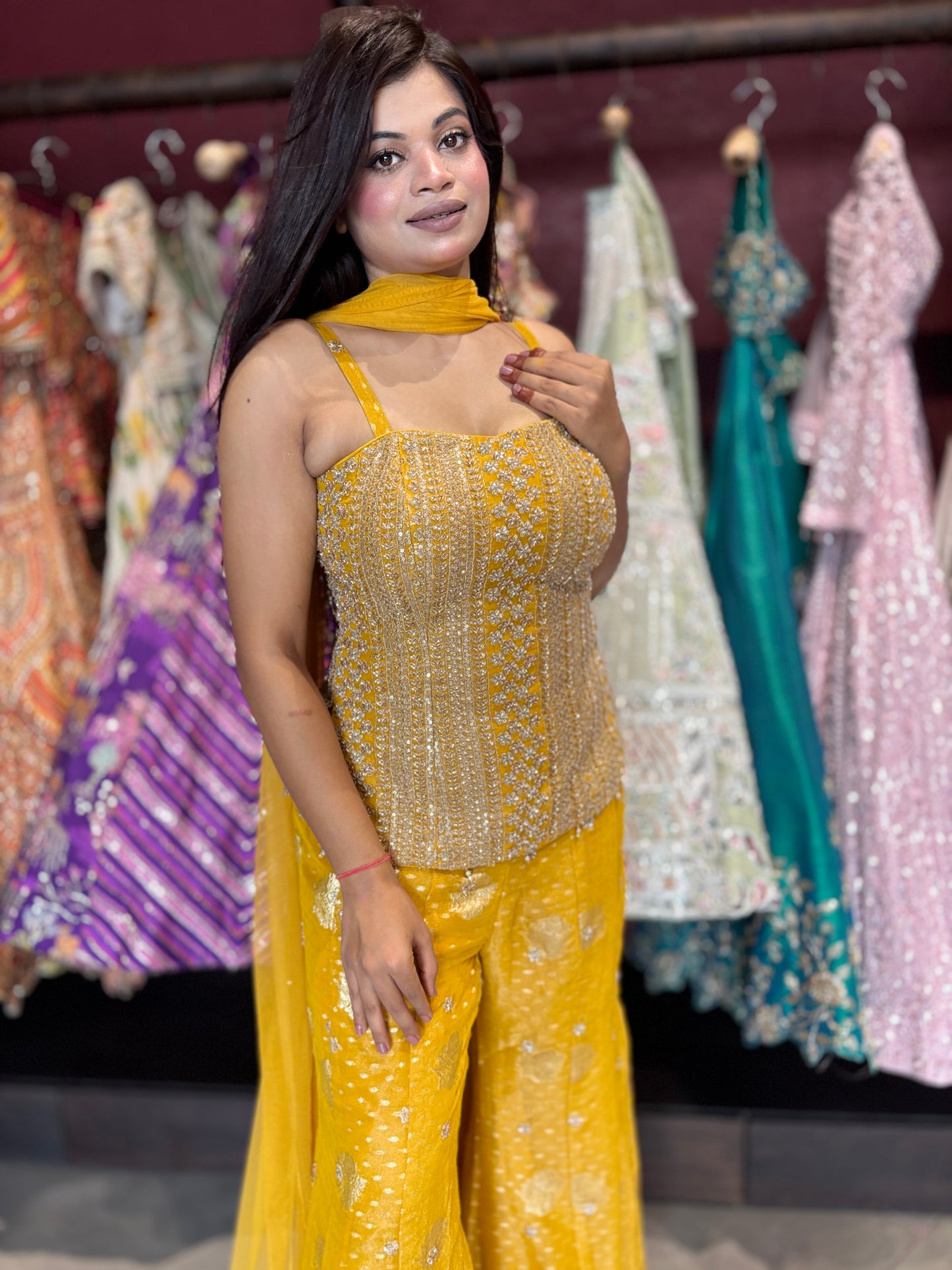 Yellow Embellished Sharara Set with Sequin Peplum Top & Dupatta