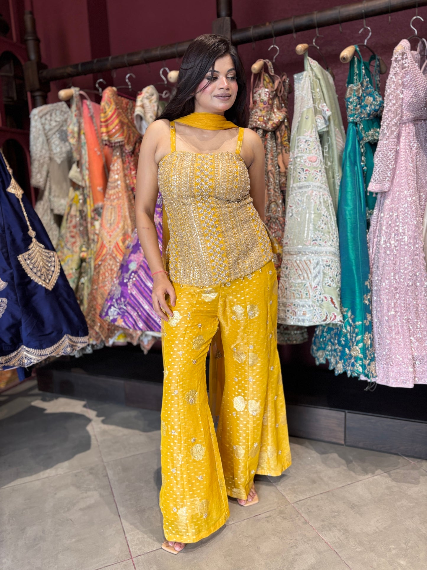 Yellow Embellished Sharara Set with Sequin Peplum Top & Dupatta
