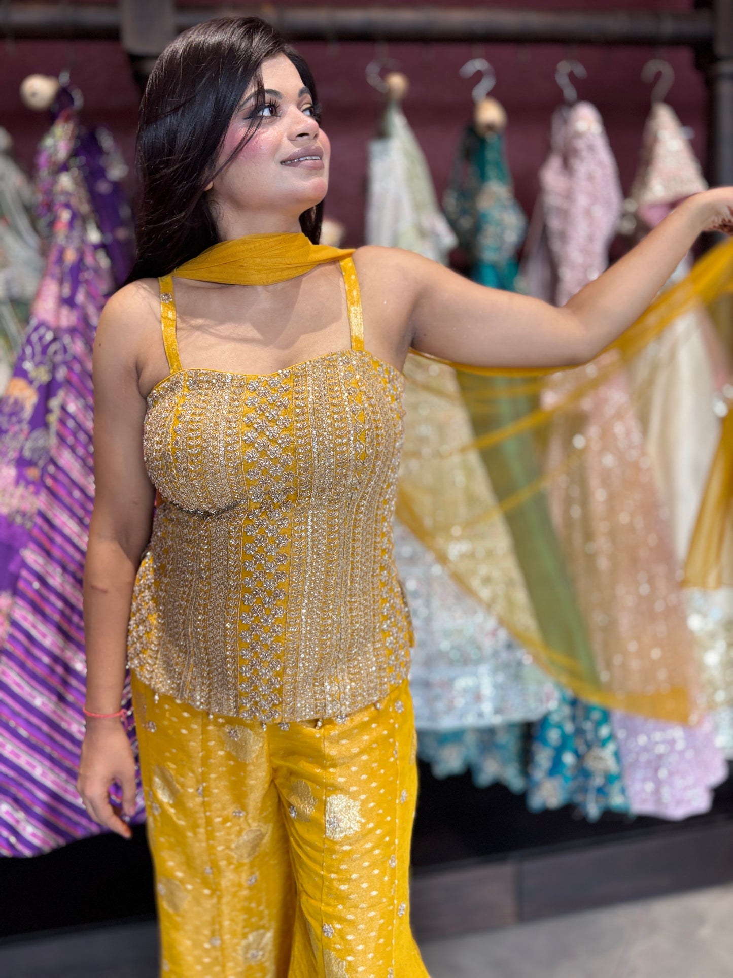 Yellow Embellished Sharara Set with Sequin Peplum Top & Dupatta