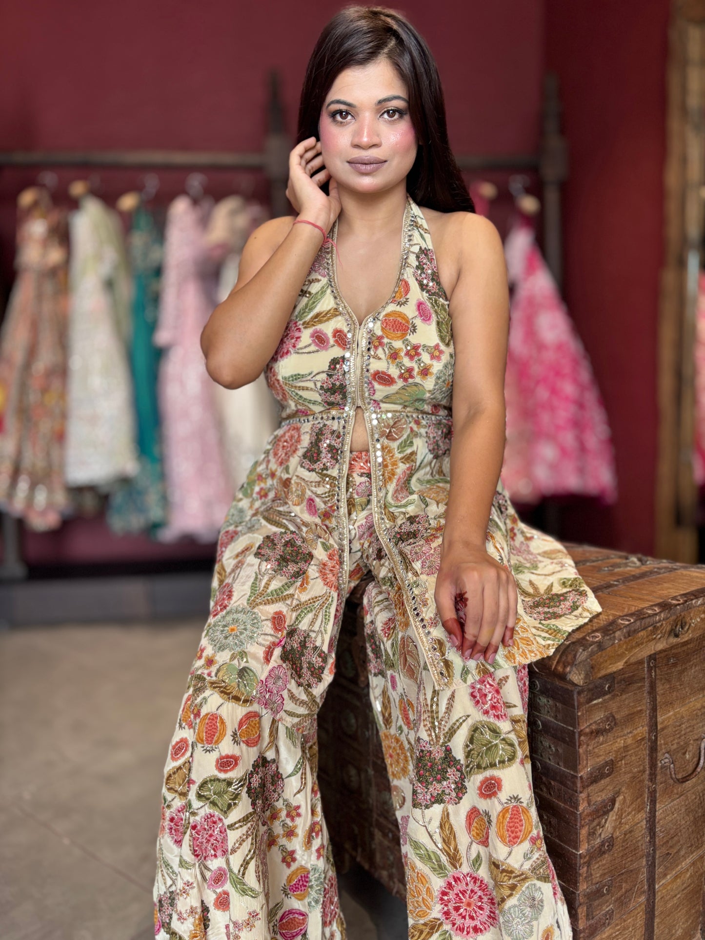 Floral Printed Co-Ord Set with Halter Neck Peplum Top & Wide-Leg Pants