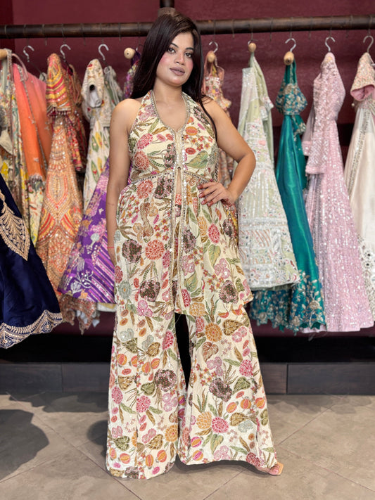 Floral Printed Co-Ord Set with Halter Neck Peplum Top & Wide-Leg Pants