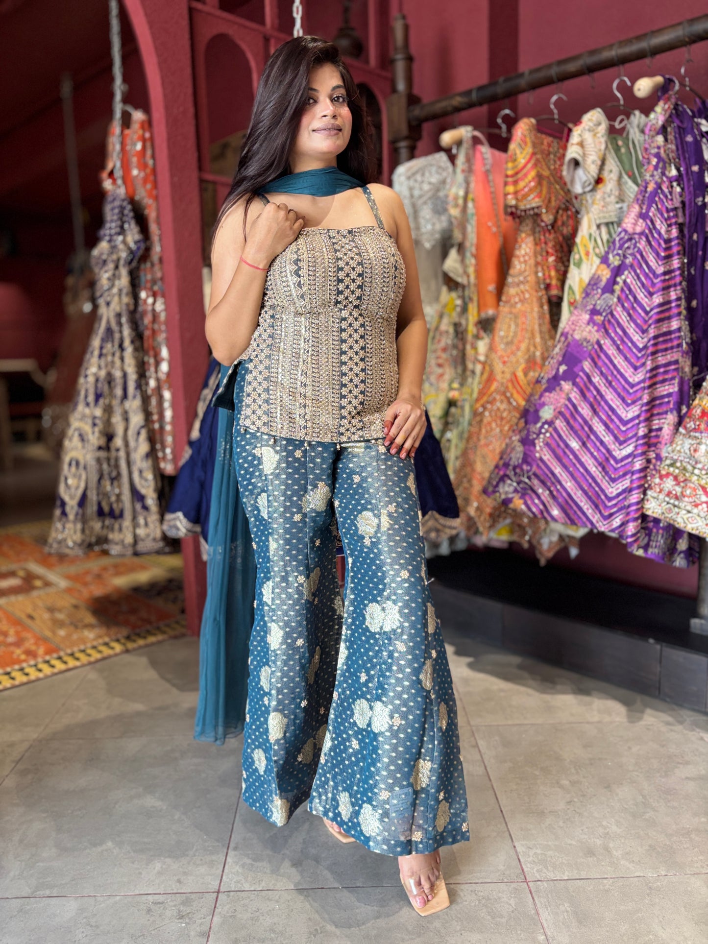 Sharara Set with Sequin Peplum Top & Dupatta Designer Festive Wear