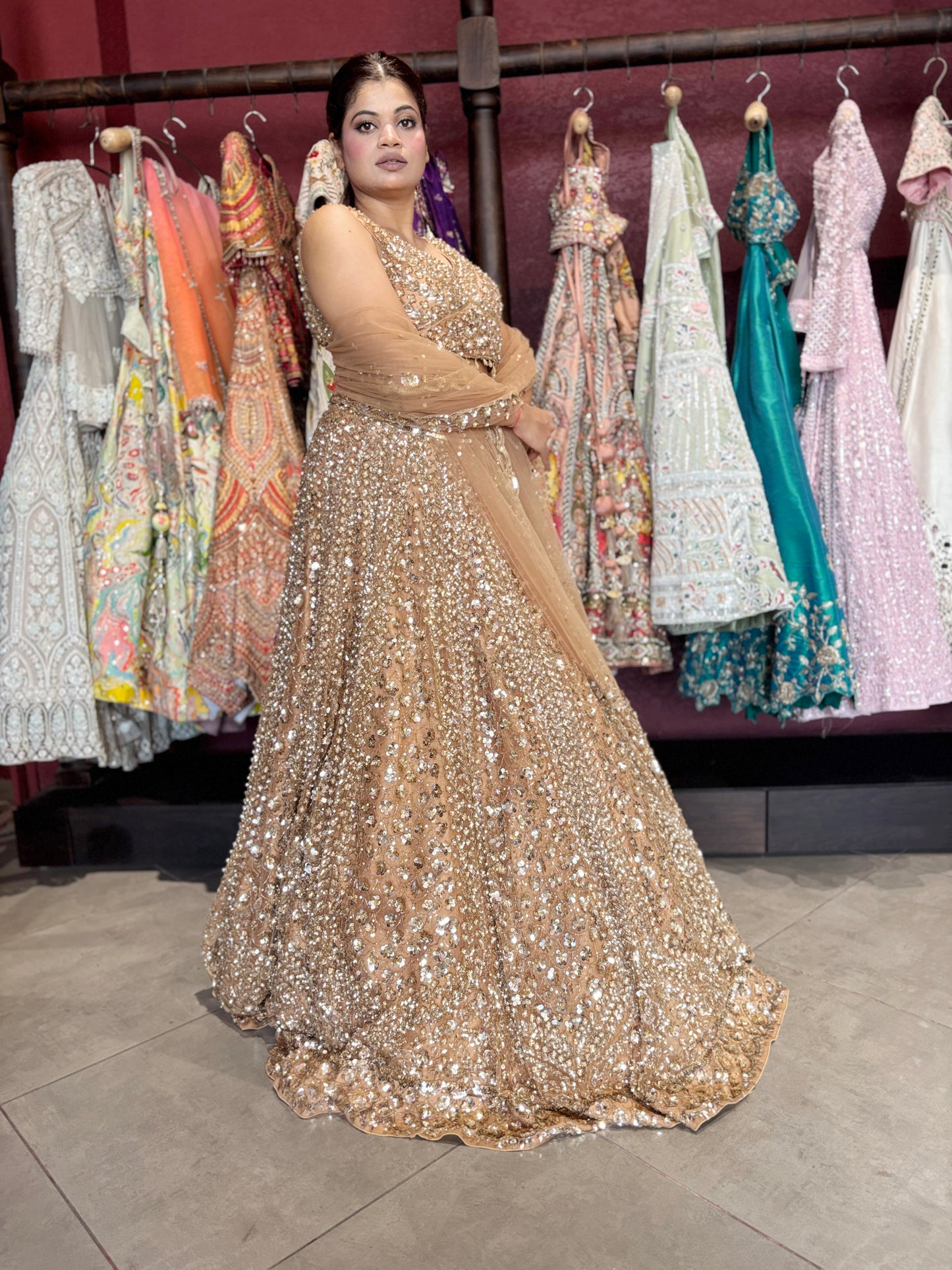 Luxury Champagne Gold Lehenga with Heavy Sequin Embroidery