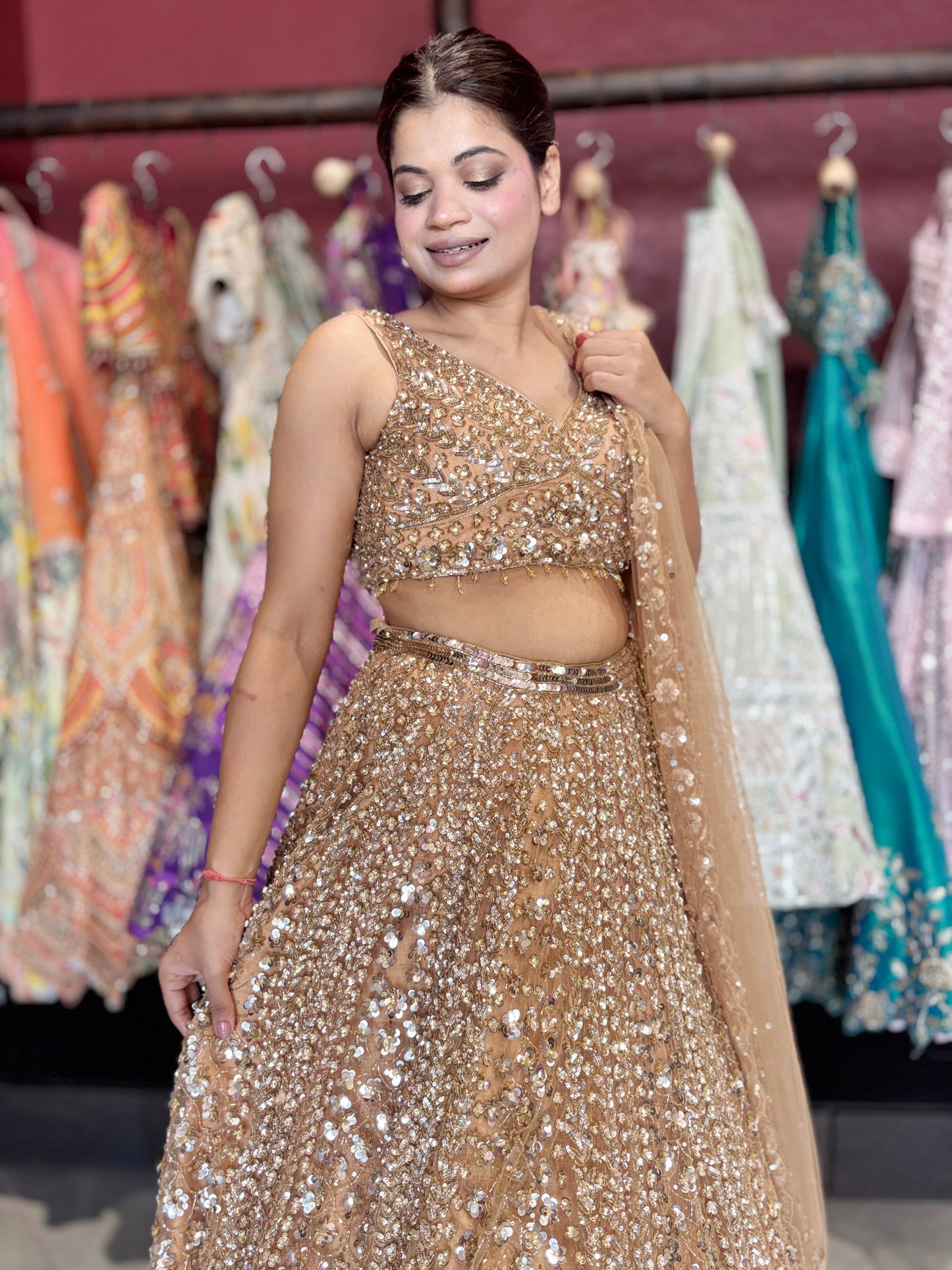 Luxury Champagne Gold Lehenga with Heavy Sequin Embroidery