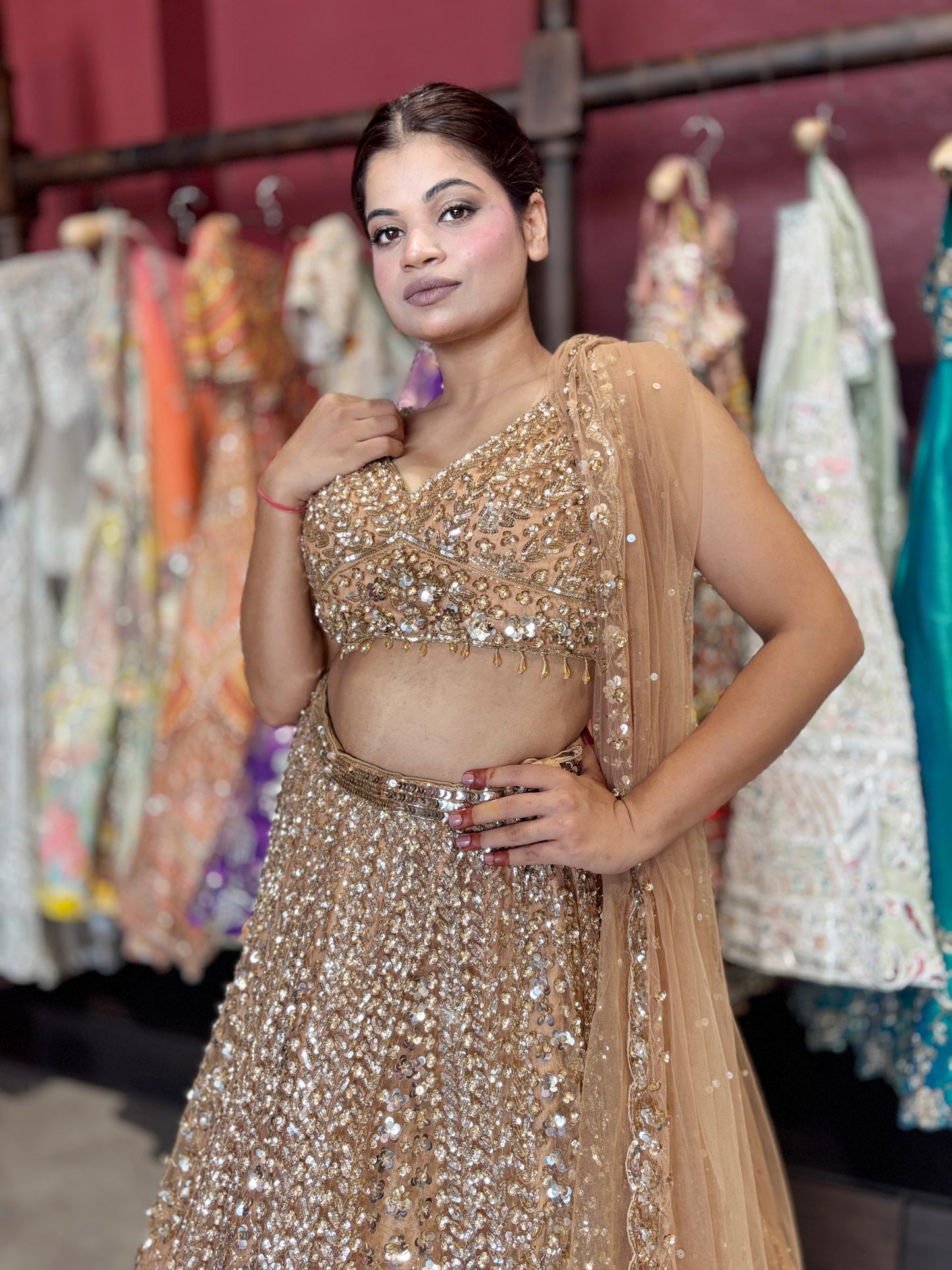 Luxury Champagne Gold Lehenga with Heavy Sequin Embroidery