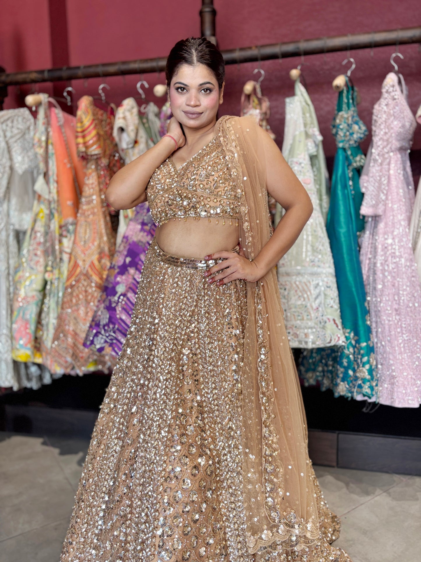 Luxury Champagne Gold Lehenga with Heavy Sequin Embroidery