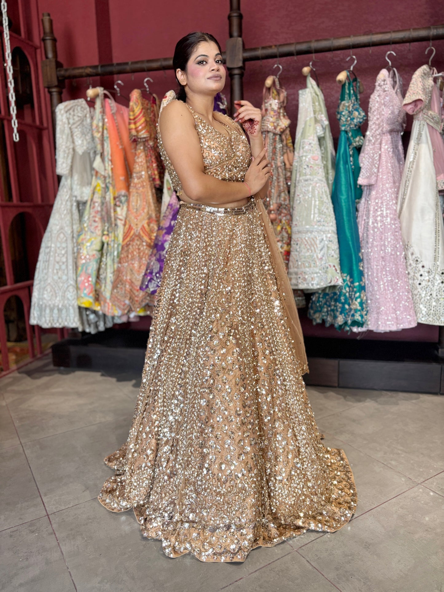 Luxury Champagne Gold Lehenga with Heavy Sequin Embroidery