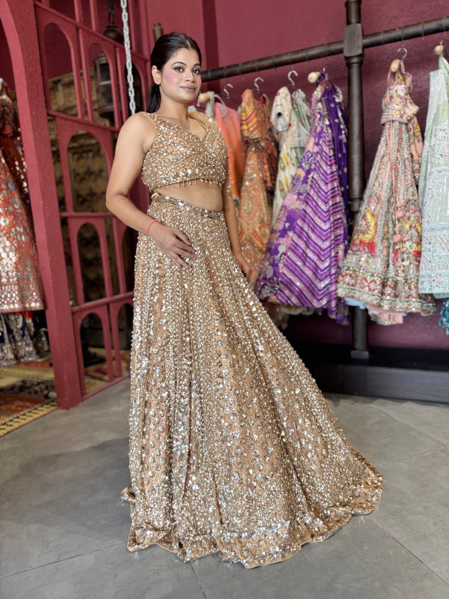 Luxury Champagne Gold Lehenga with Heavy Sequin Embroidery