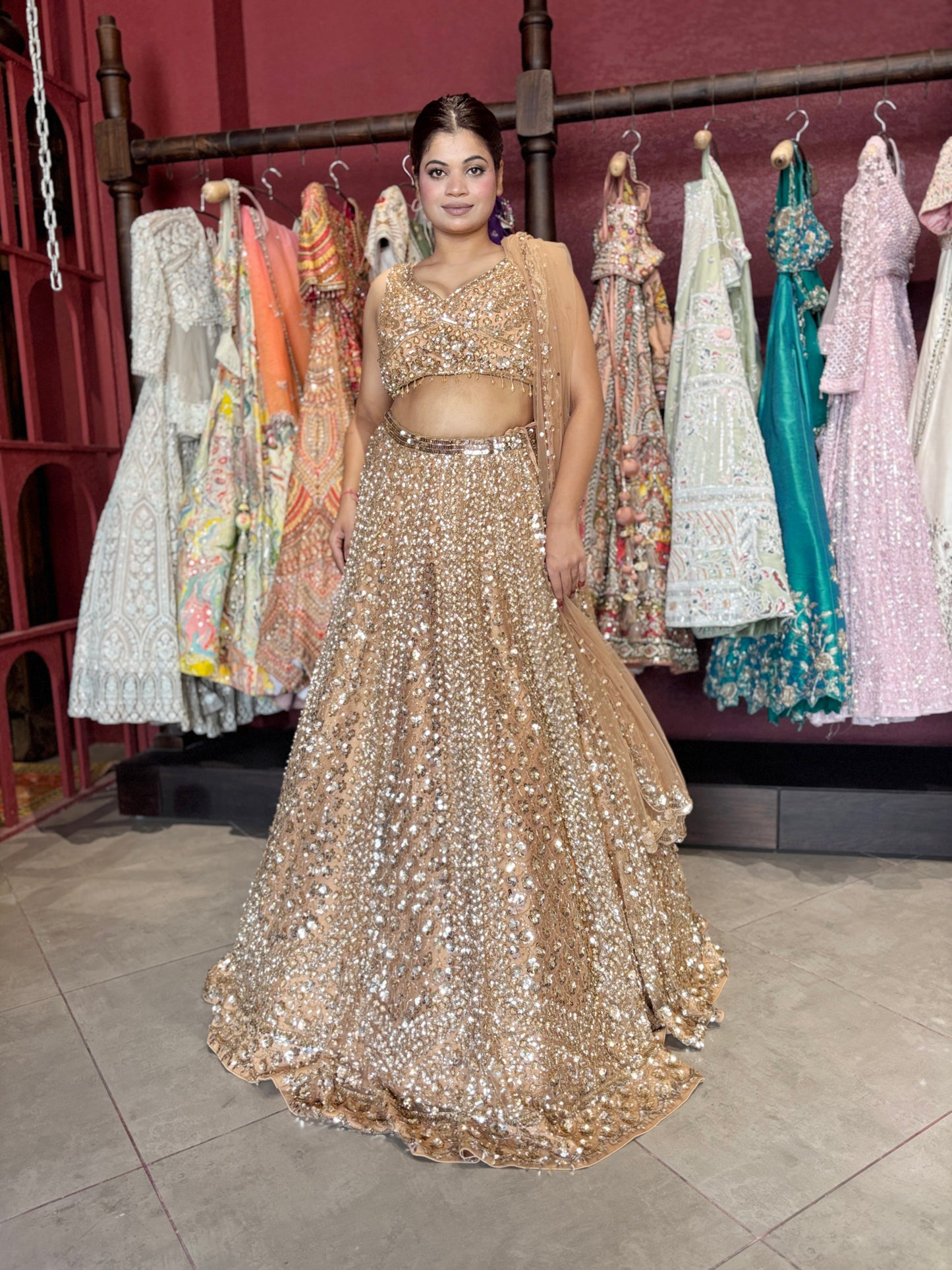 Luxury Champagne Gold Lehenga with Heavy Sequin Embroidery