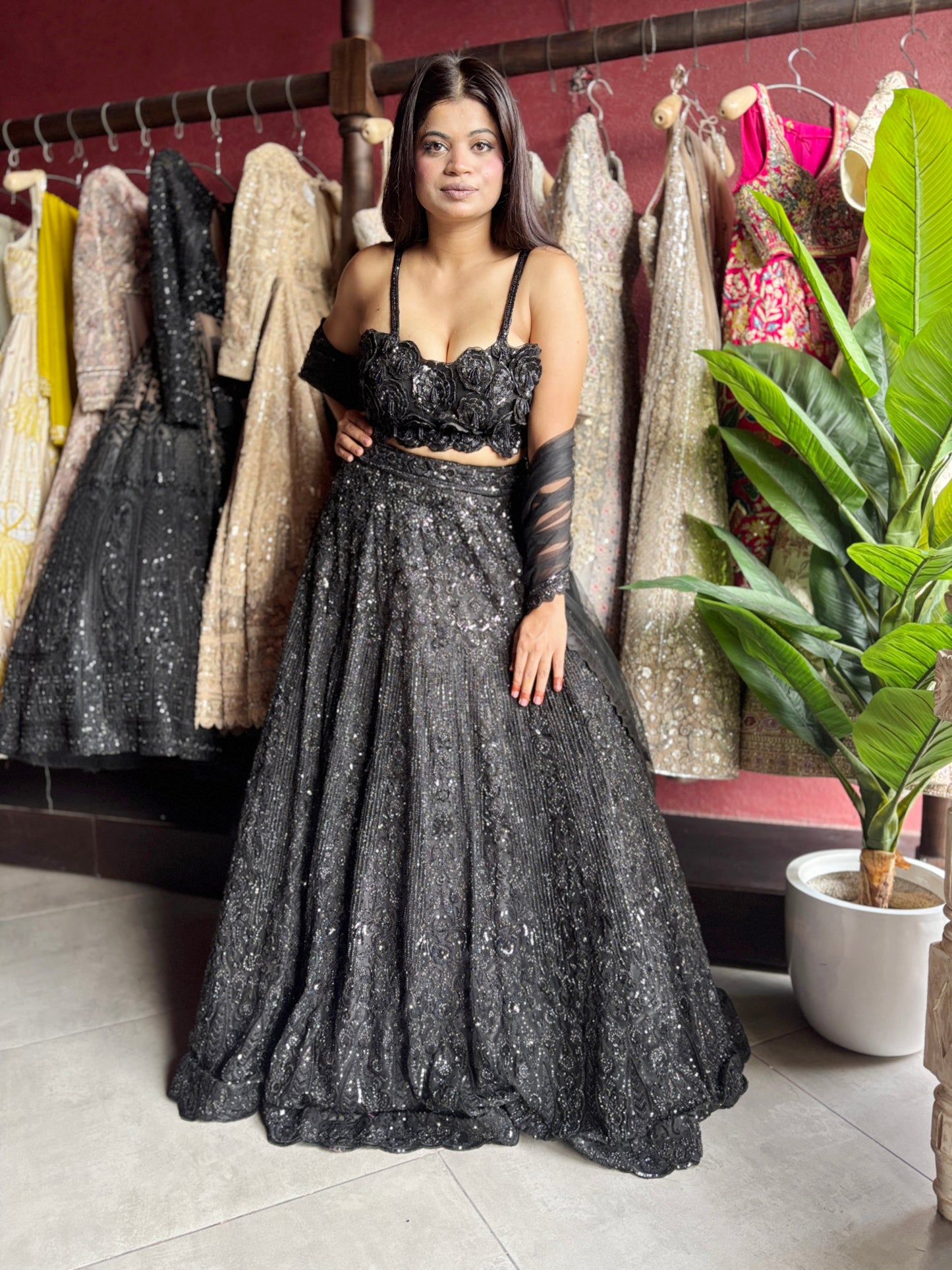 Elegant Black Embroidered Lehenga with Floral Crop Top