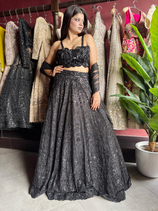 Elegant Black Embroidered Lehenga with Floral Crop Top