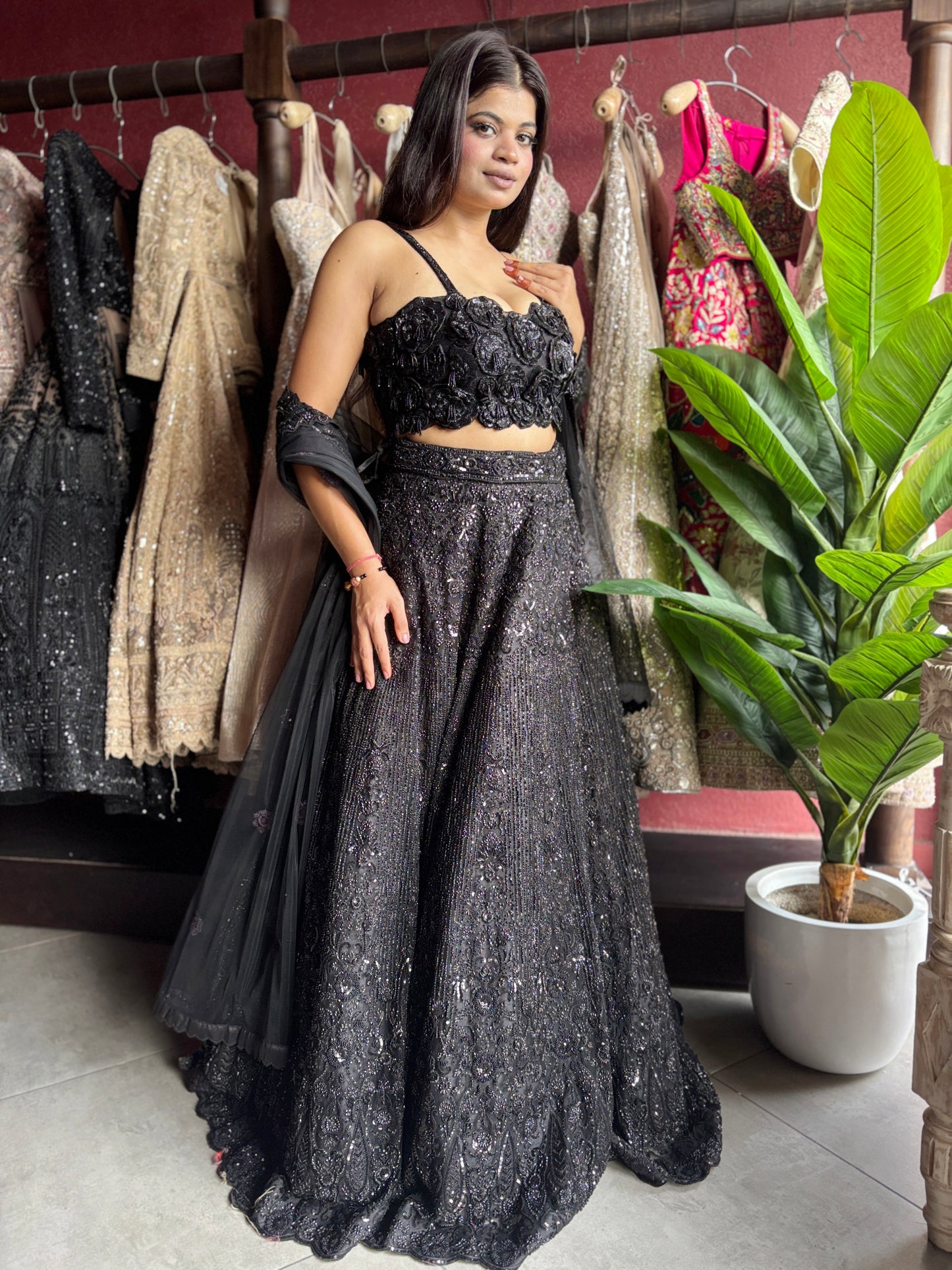 Elegant Black Embroidered Lehenga with Floral Crop Top
