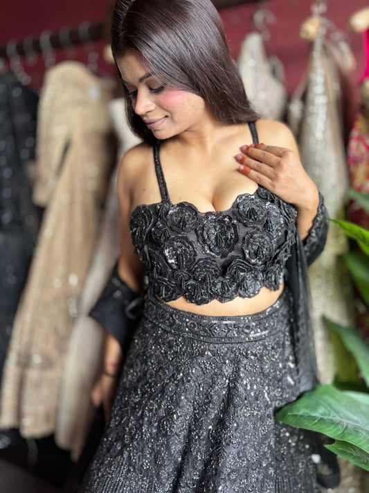 Elegant Black Embroidered Lehenga with Floral Crop Top