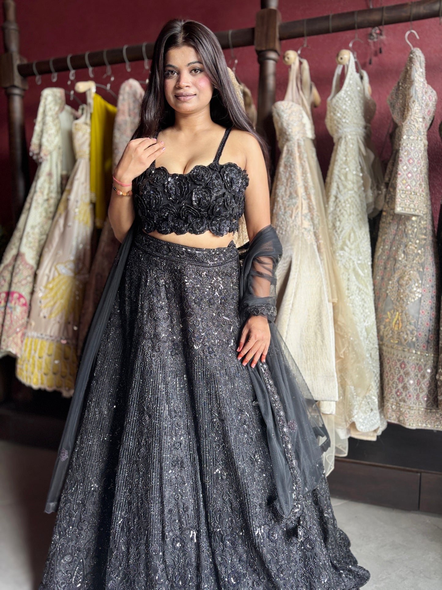 Elegant Black Embroidered Lehenga with Floral Crop Top