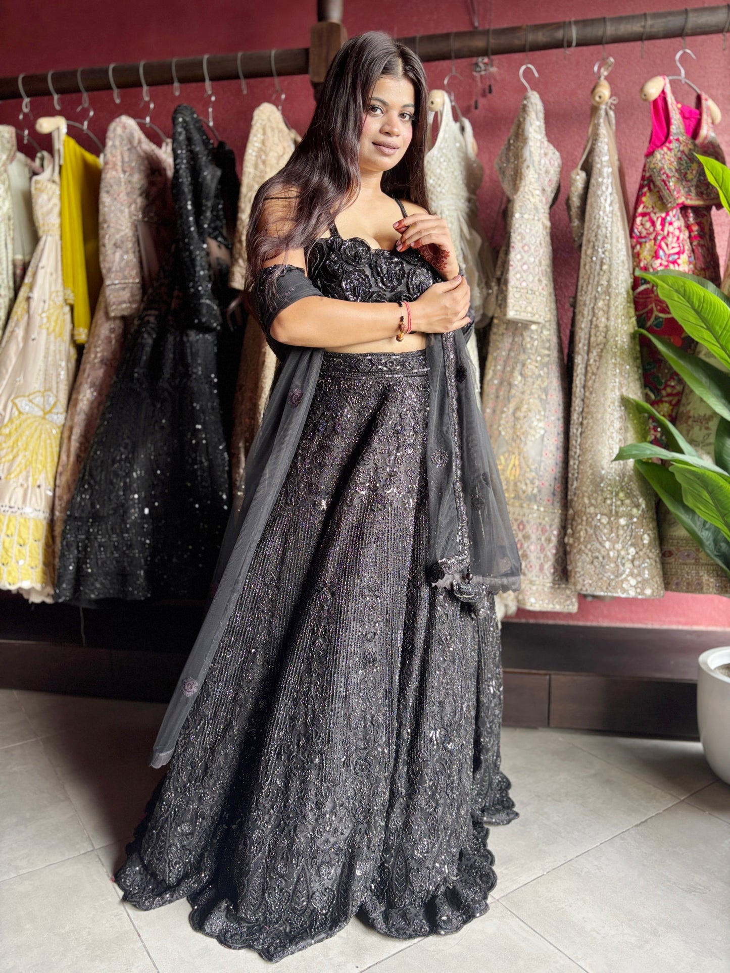 Elegant Black Embroidered Lehenga with Floral Crop Top