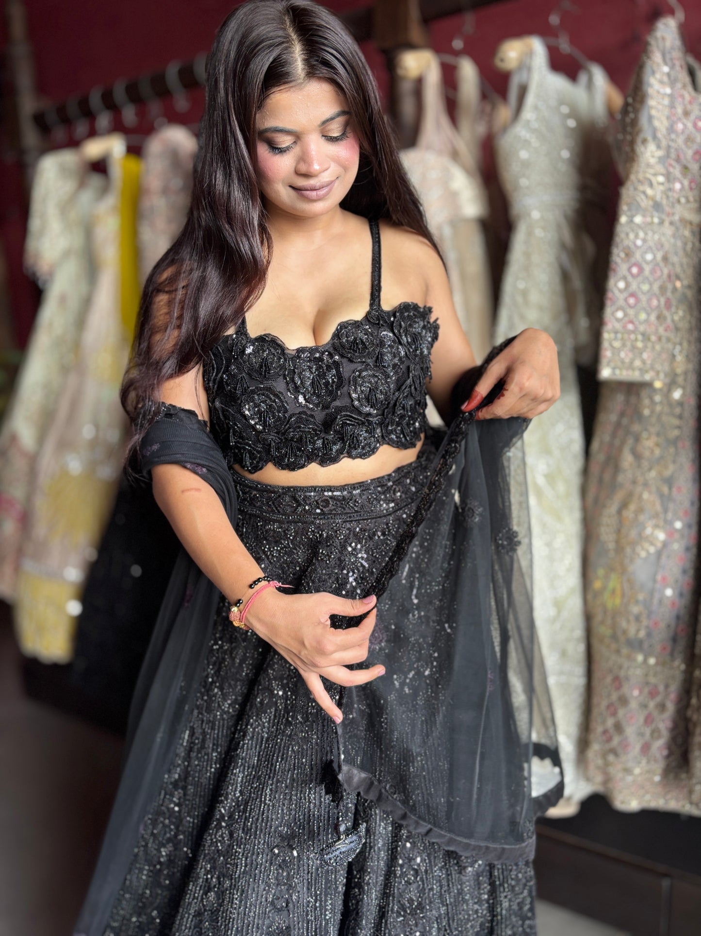 Elegant Black Embroidered Lehenga with Floral Crop Top