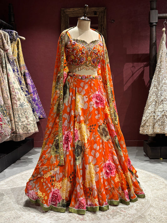 Orange Floral Printed Lehenga Set with Embroidered Blouse & Sheer Dupatta