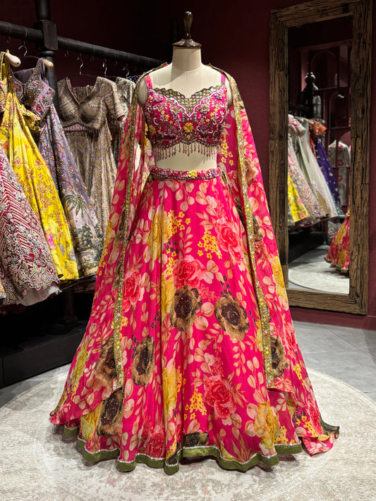 Rani Pink Floral Printed Lehenga Set with Embroidered Blouse & Sheer Dupatta