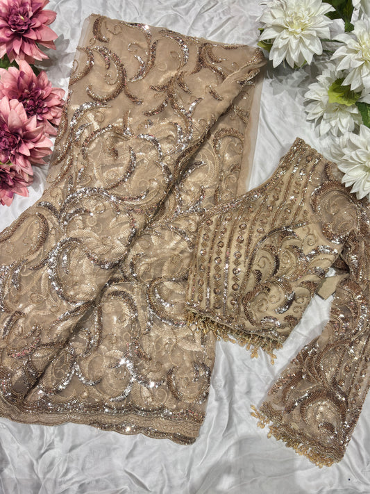 Golden Net Designer Saree with Heavy Zari & Sequins Embroidery Work