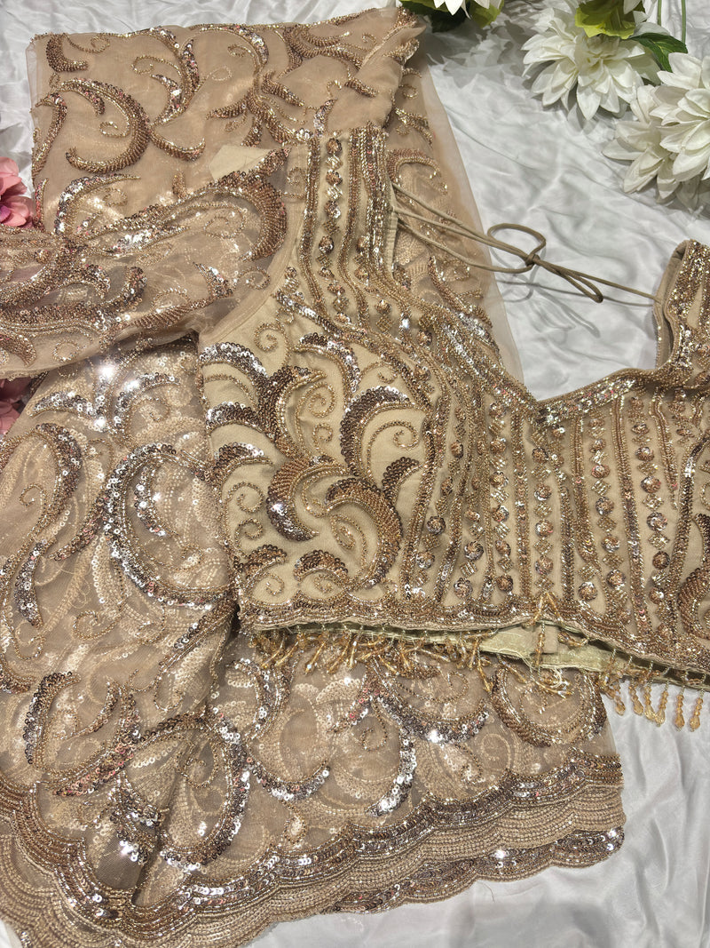 Golden Net Designer Saree with Heavy Zari & Sequins Embroidery Work