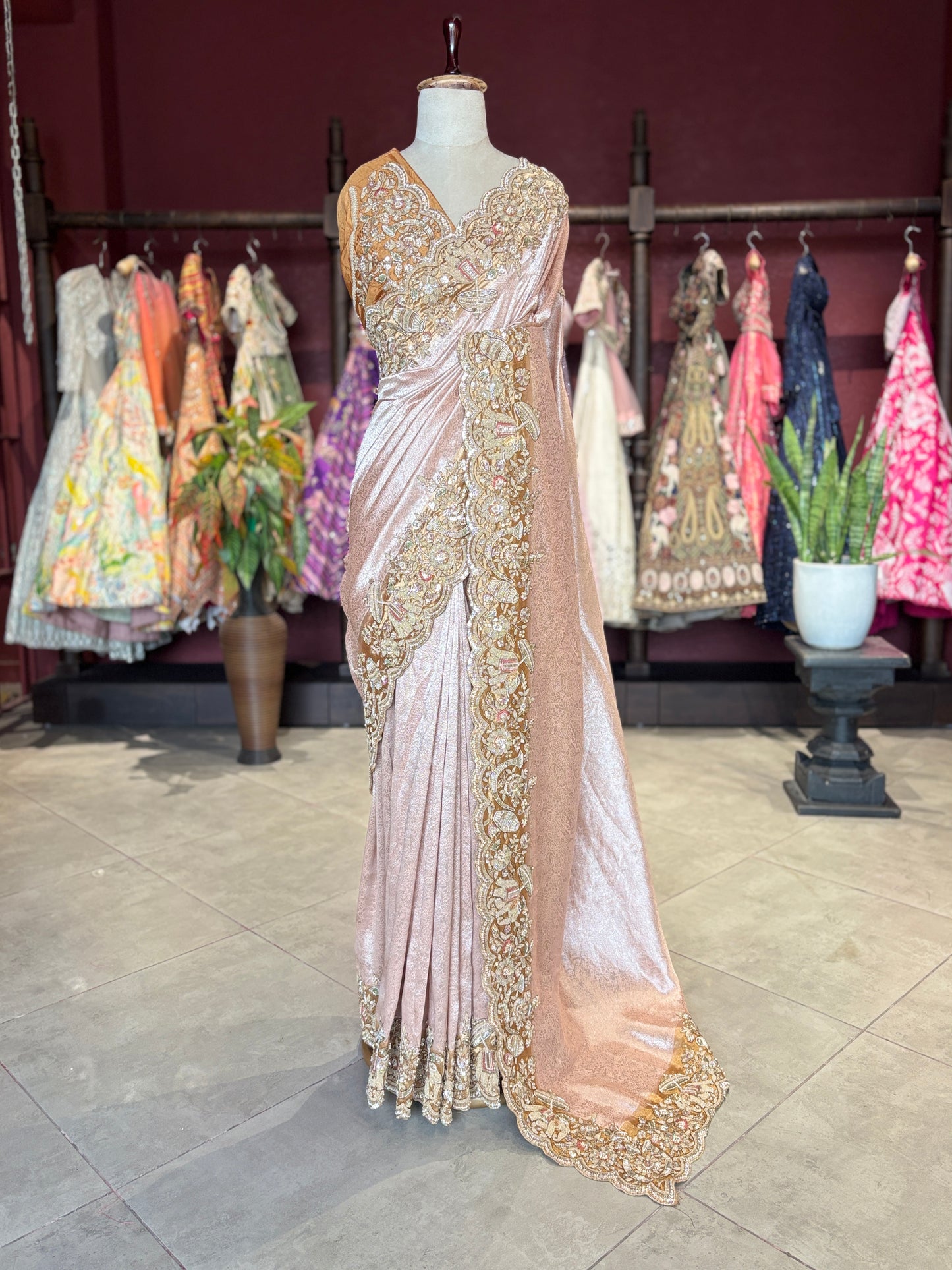 Rose Gold Designer Saree with Heavy Embroidered Border