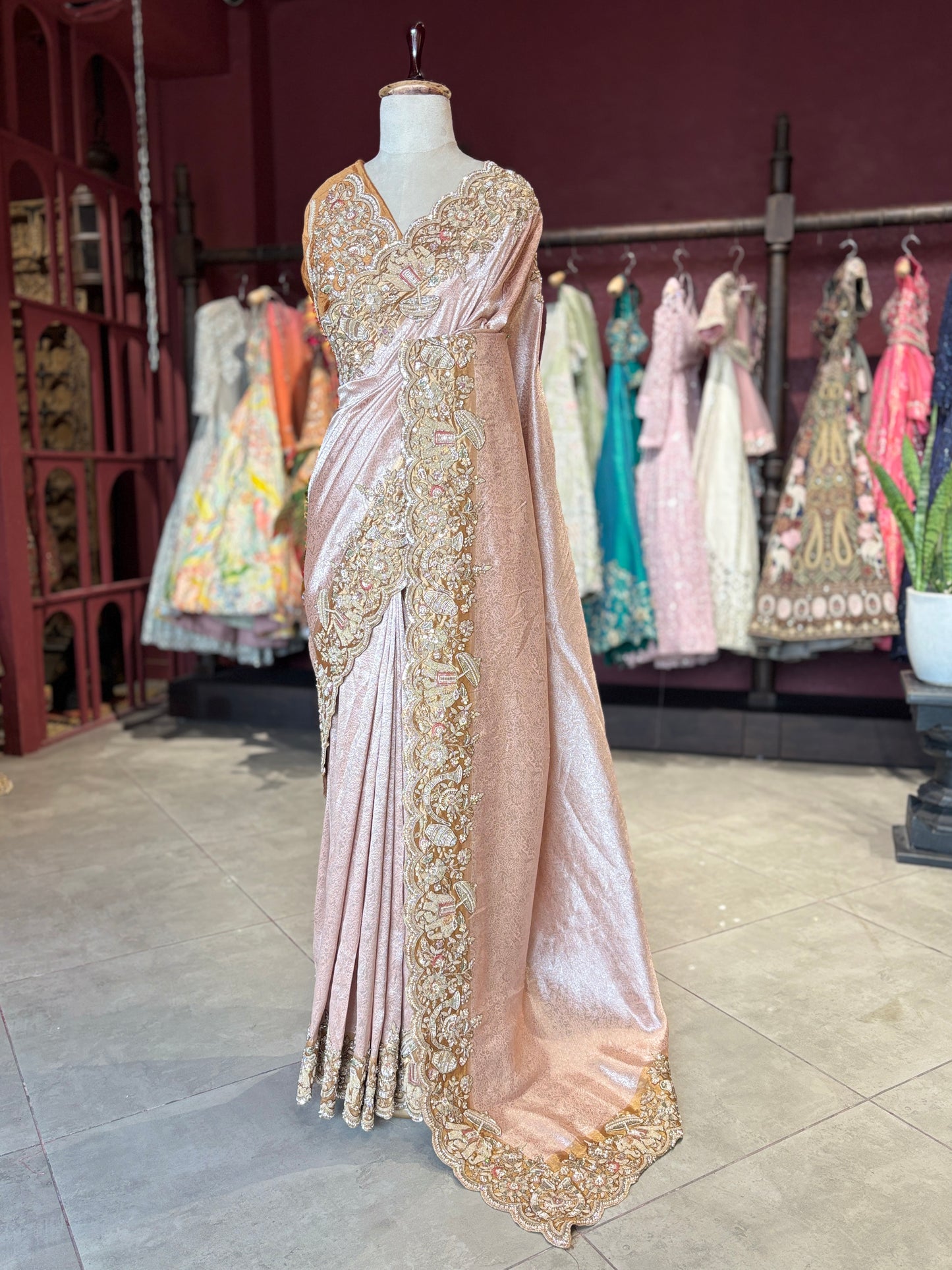 Rose Gold Designer Saree with Heavy Embroidered Border
