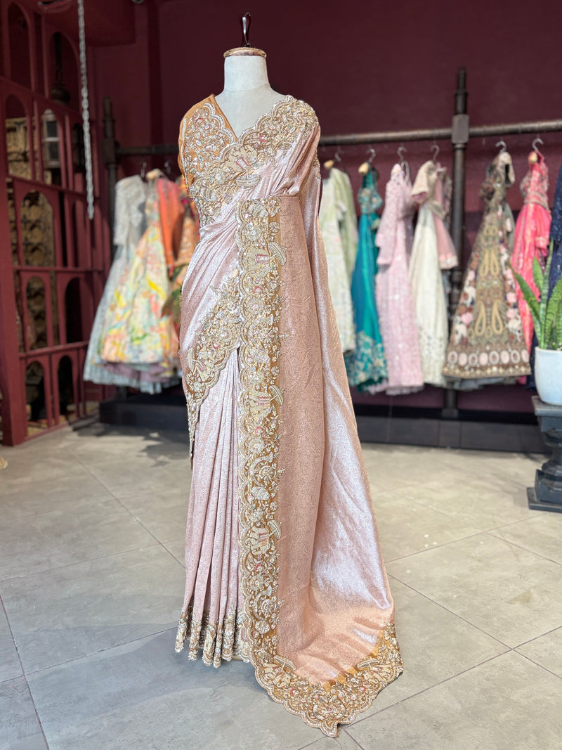 Rose Gold Designer Saree with Heavy Embroidered Border