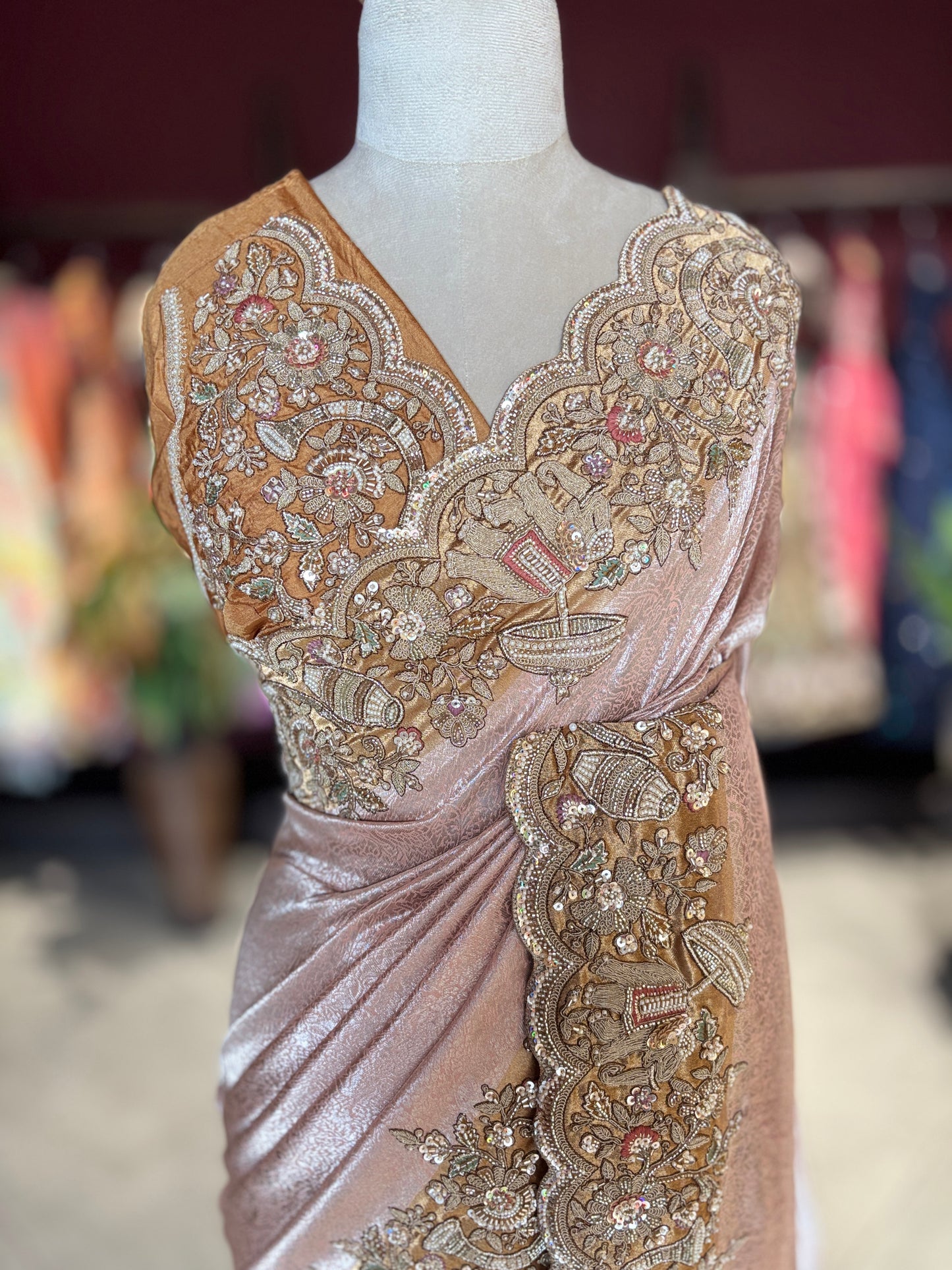 Rose Gold Designer Saree with Heavy Embroidered Border