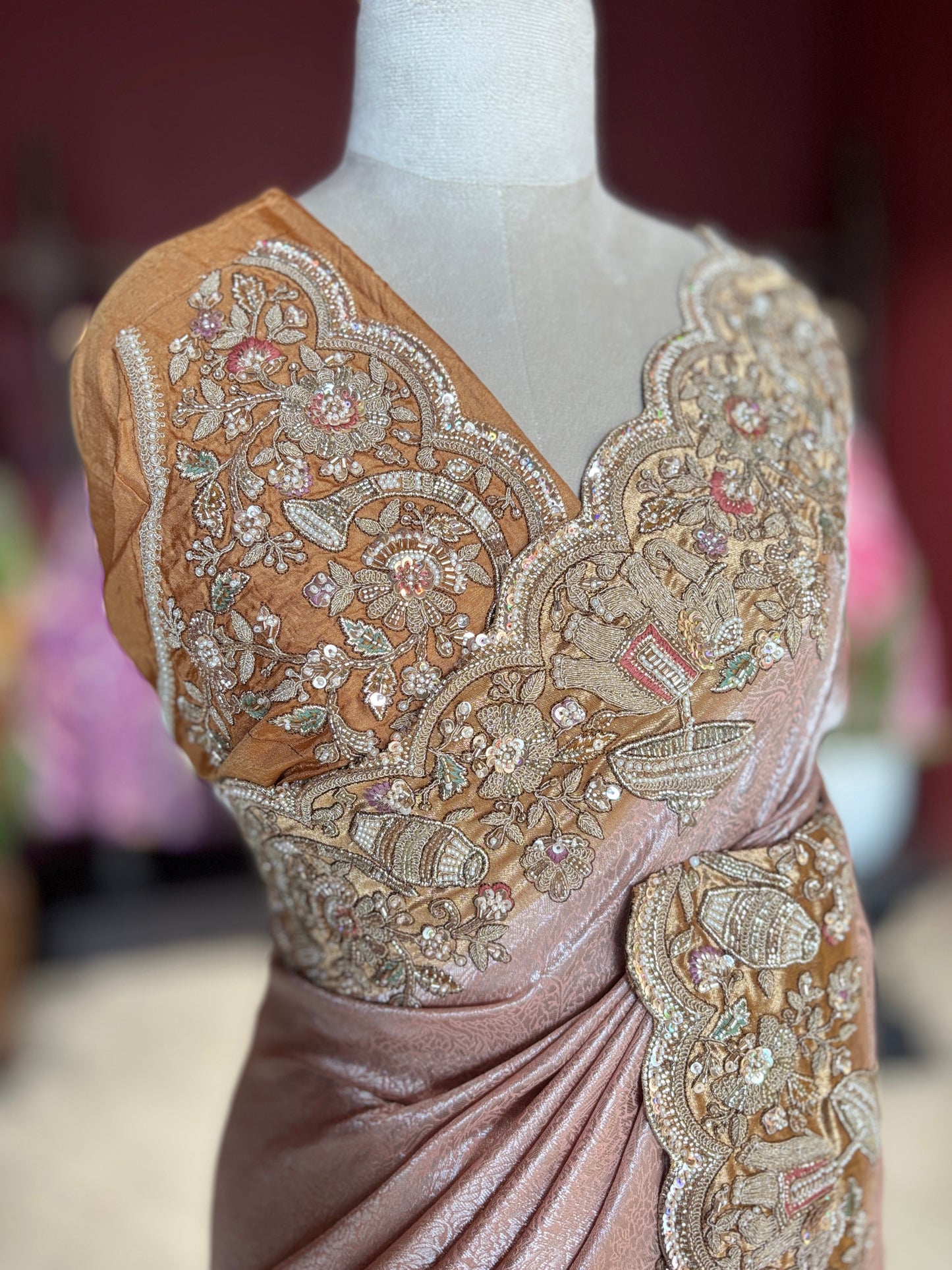 Rose Gold Designer Saree with Heavy Embroidered Border
