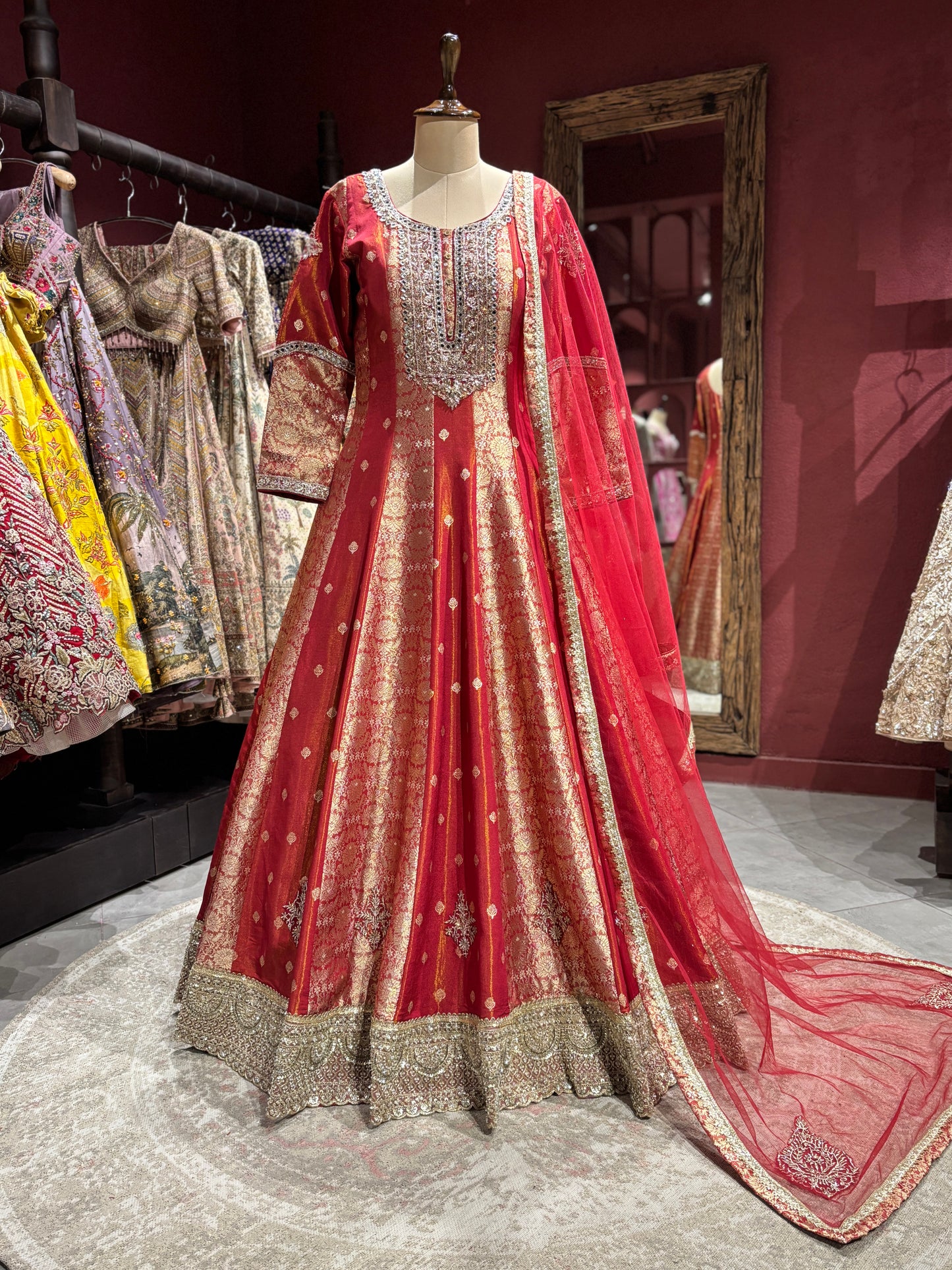 Elegant Red Anarkali with Golden Embroidery Design