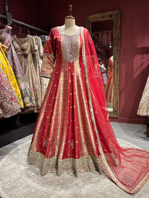 Elegant Red Anarkali with Golden Embroidery Design