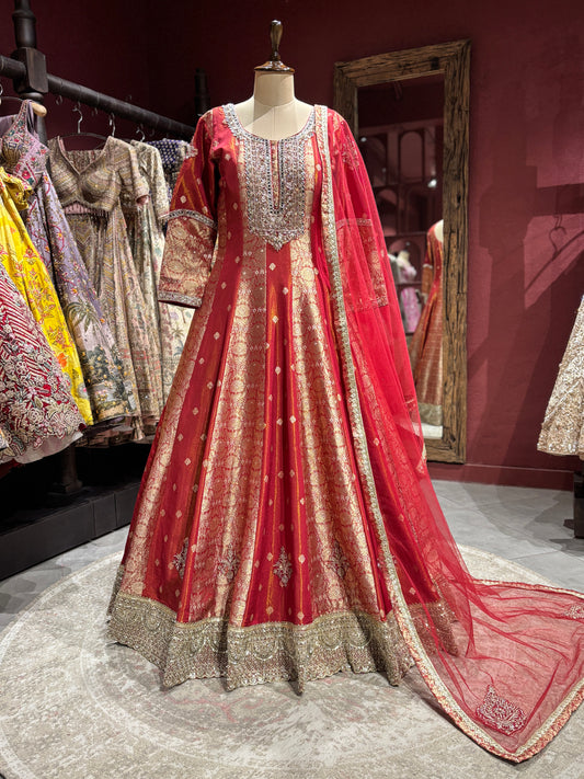 Elegant Red Anarkali with Golden Embroidery Design