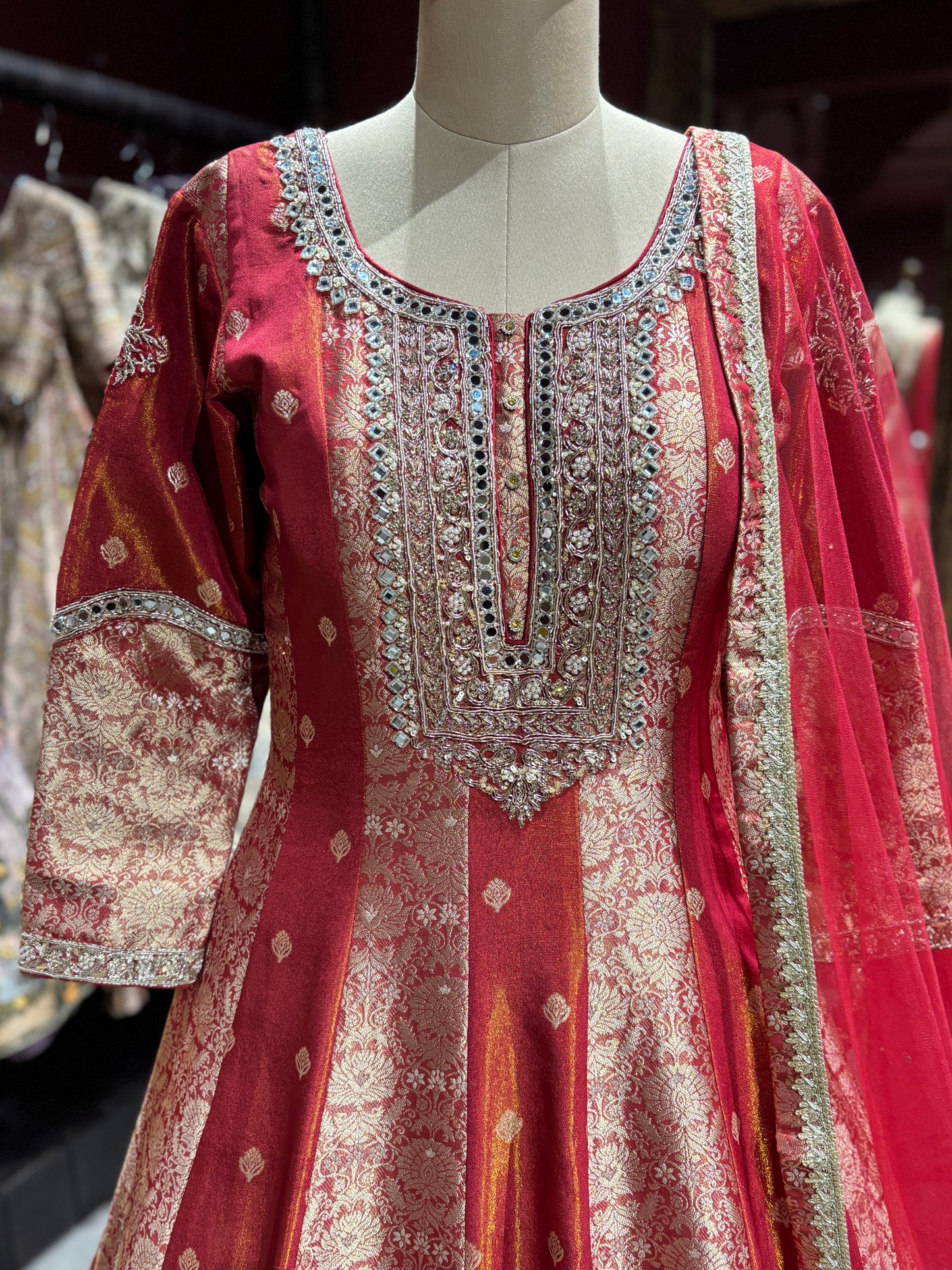 Elegant Red Anarkali with Golden Embroidery Design