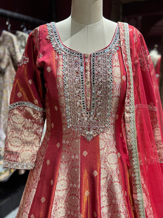 Elegant Red Anarkali with Golden Embroidery Design