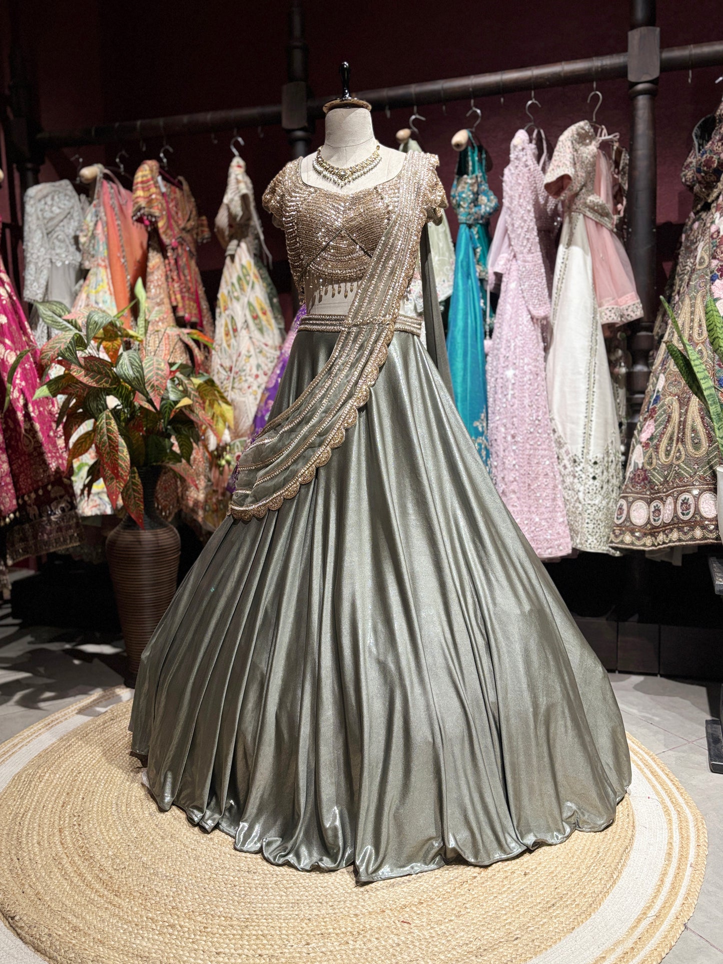 Metallic Grey Draped Lehenga Set with Gold Embellished Blouse