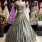 Metallic Grey Draped Lehenga Set with Gold Embellished Blouse