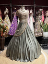 Metallic Grey Draped Lehenga Set with Gold Embellished Blouse