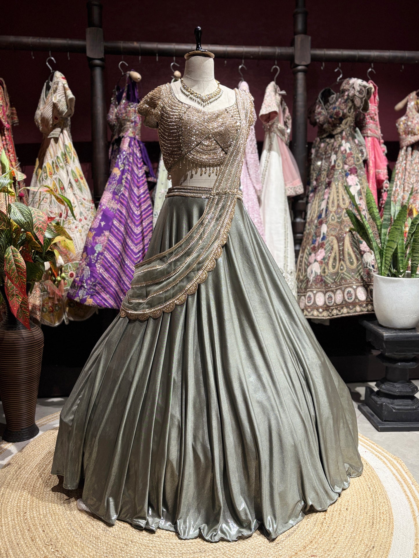 Metallic Grey Draped Lehenga Set with Gold Embellished Blouse