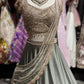 Metallic Grey Draped Lehenga Set with Gold Embellished Blouse