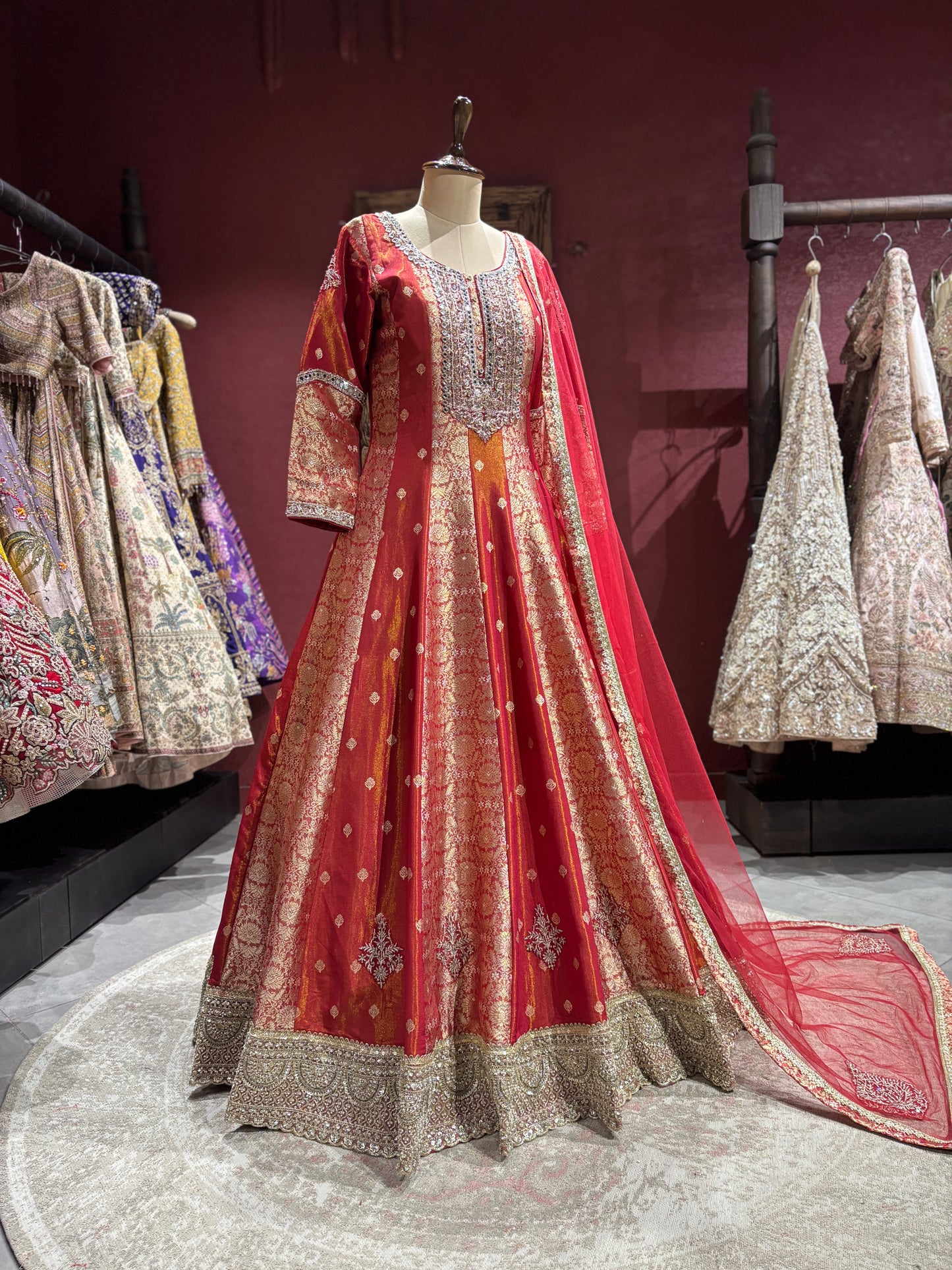 Elegant Red Anarkali with Golden Embroidery Design