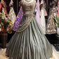 Metallic Grey Draped Lehenga Set with Gold Embellished Blouse