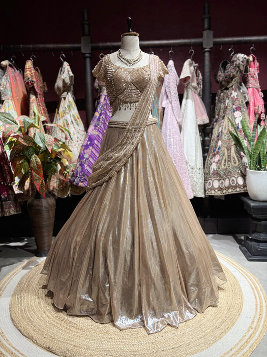 Champagne Gold Shimmer Draped Lehenga Set with Embellished Blouse