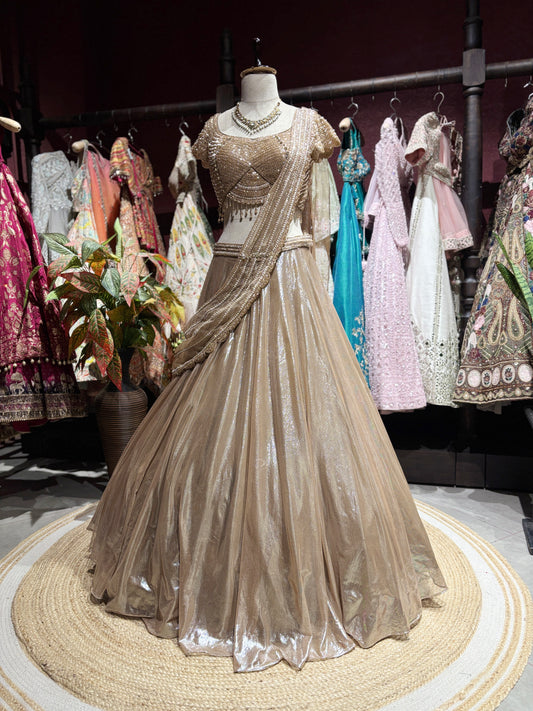 Champagne Gold Shimmer Draped Lehenga Set with Embellished Blouse