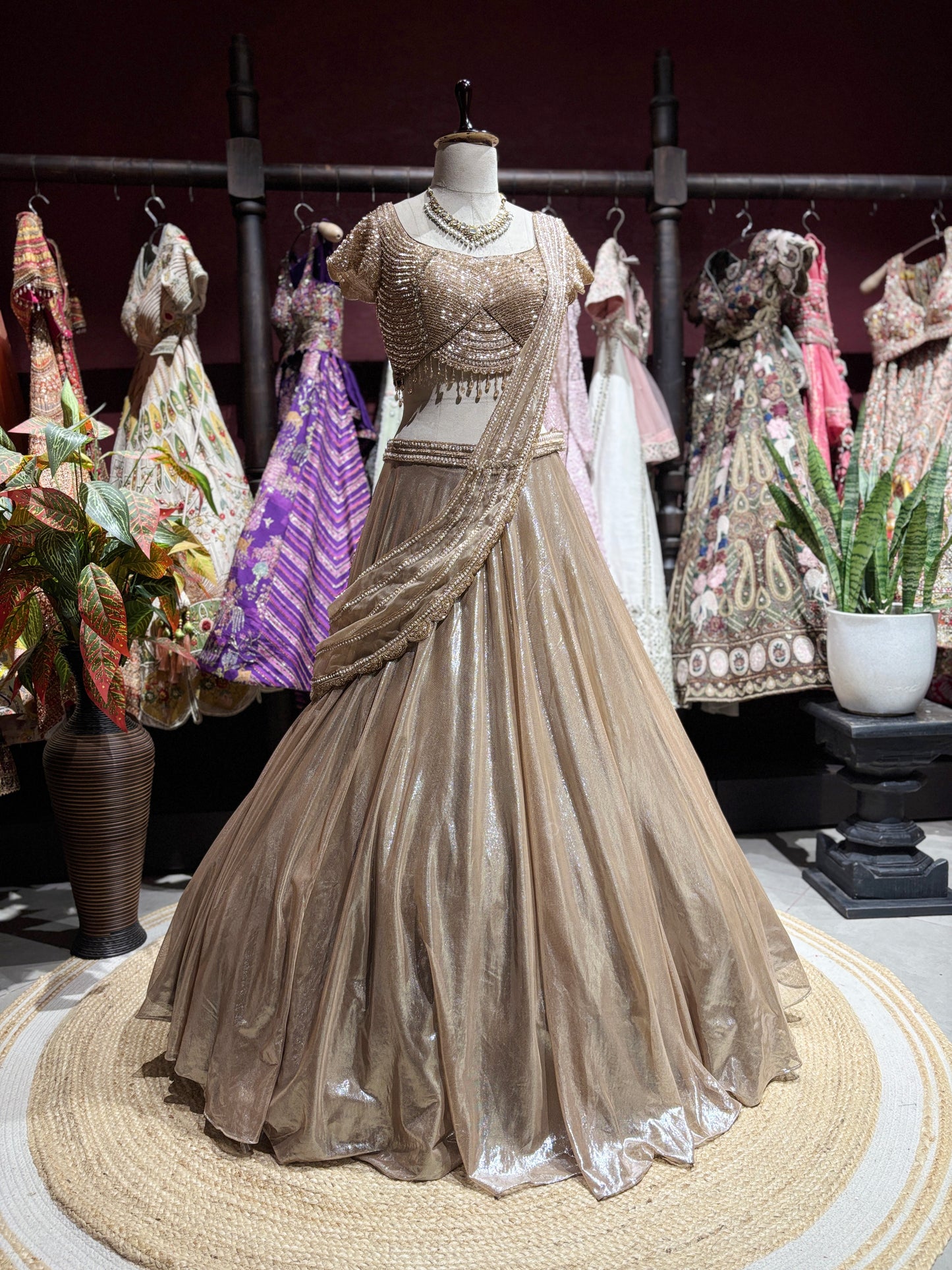 Champagne Gold Shimmer Draped Lehenga Set with Embellished Blouse