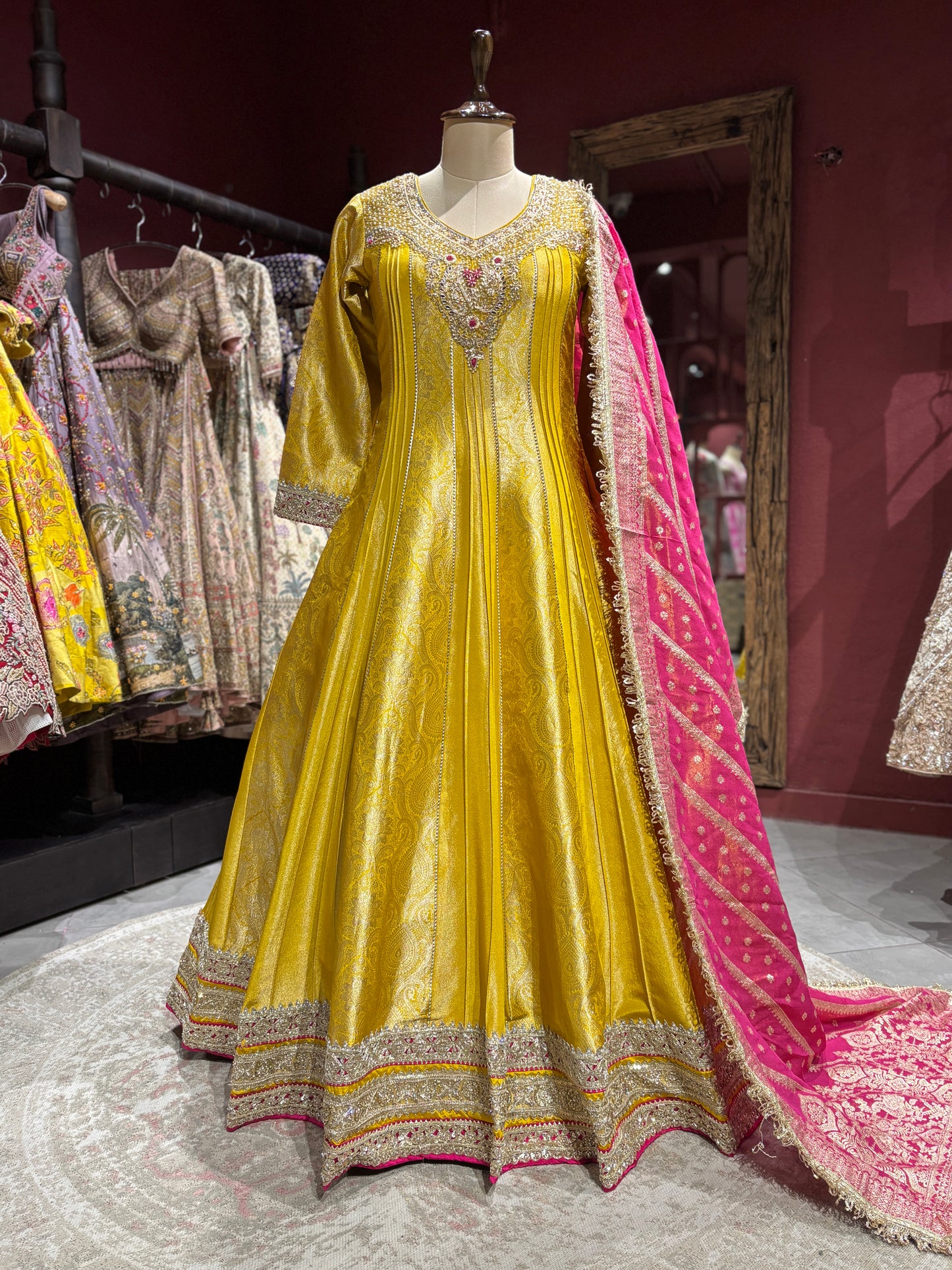 Mustrad Yellow Anarkali with Pink Dupatta and Zari Embroidery