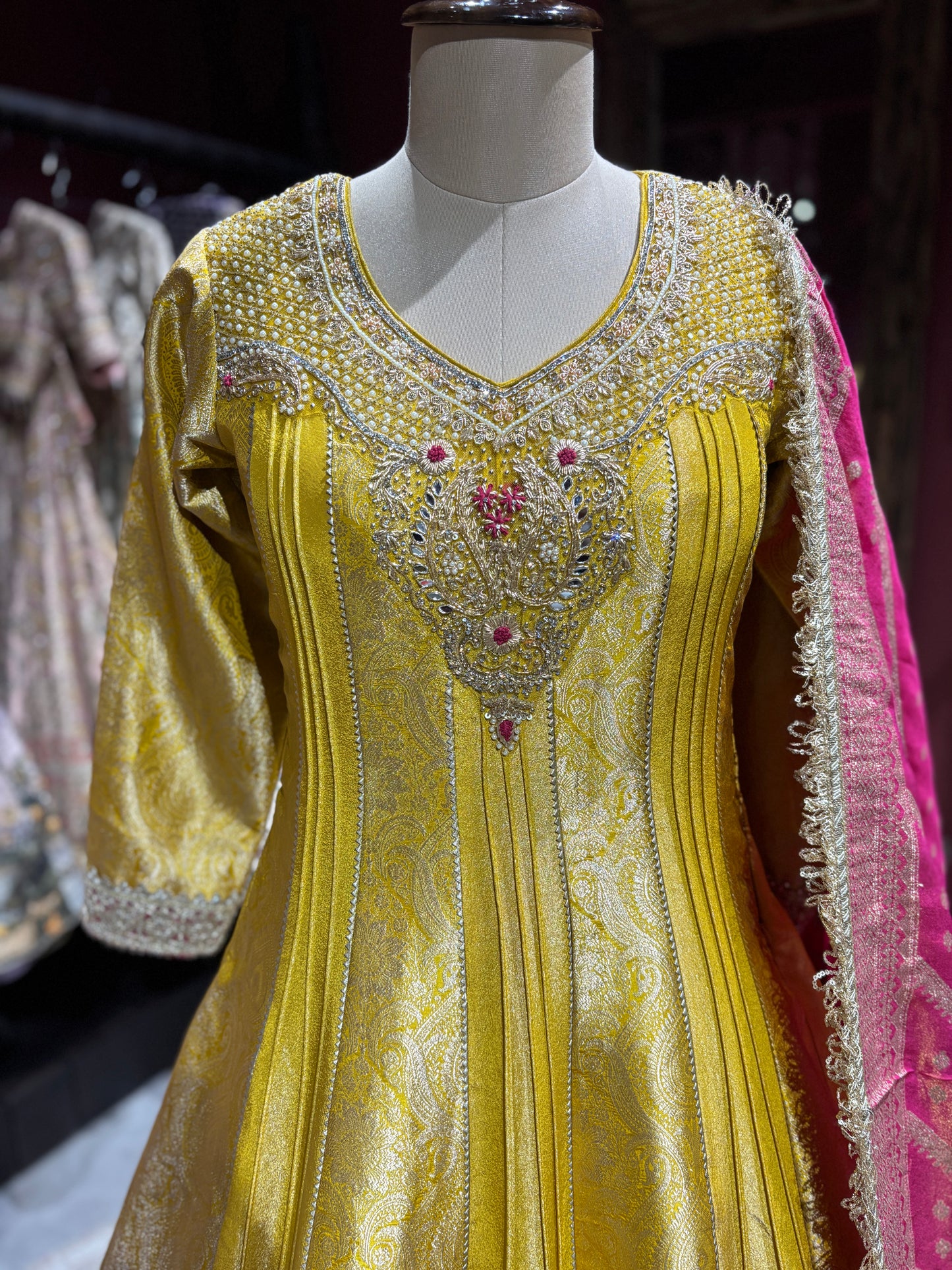 Mustrad Yellow Anarkali with Pink Dupatta and Zari Embroidery