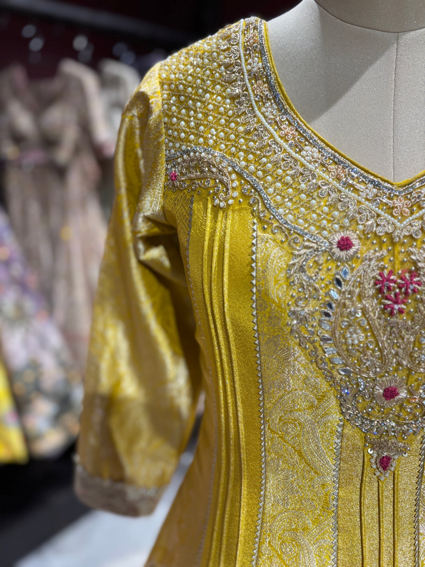 Mustrad Yellow Anarkali with Pink Dupatta and Zari Embroidery